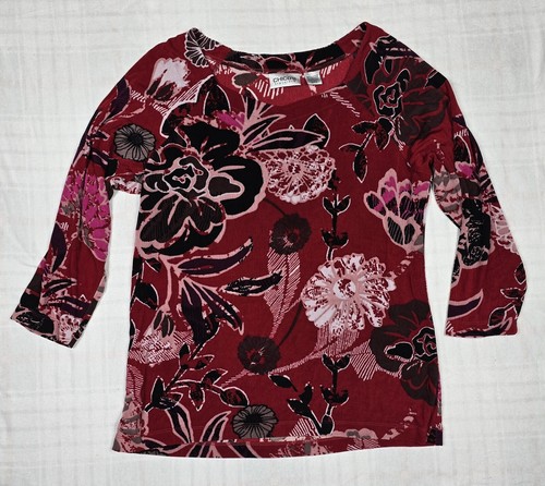 Chico's Travelers Red Black Floral Tunic Top Shirt Vintage Made in USA 2 Large