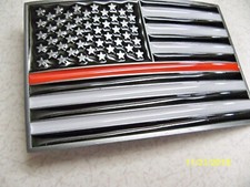 Glossy, Patriotic U.S.A. Flag Red Line Firefighter metal belt Buckle, New 
