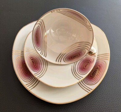 1940 D&RW Bavaria Sammeltasse Sammelgedeck  Gold Rosa Rot Kaffee Tee Set Gedeck
