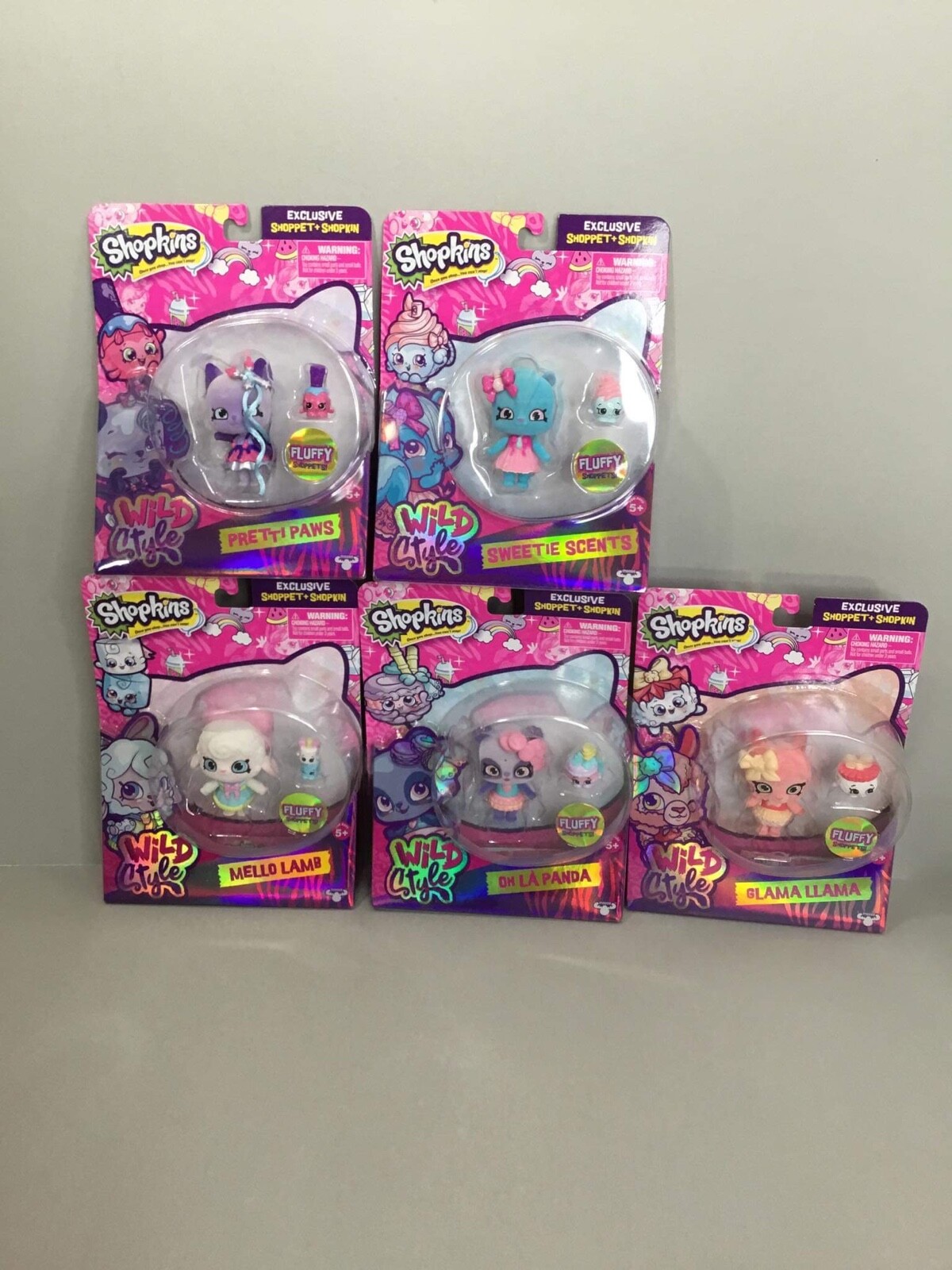 Shopkins Wild Style Shoppets Lot of 5 Pretty Paws Panda Mello Lamb Sweetie Llama