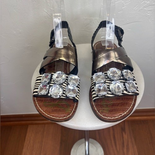 SAM EDELMAN Flat Leather Sandal Cow Hair Strappy Slingback Animal Print Shoe 6 - Picture 4 of 11