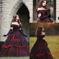 Retro Gothic Wedding Dress Black and Red Lace Applique Off Shoulder Bridal Gowns