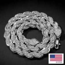 9mm White Gold Plated Iced Out CZ Rope Chain Necklace Hip Hop For Men Rose Gold