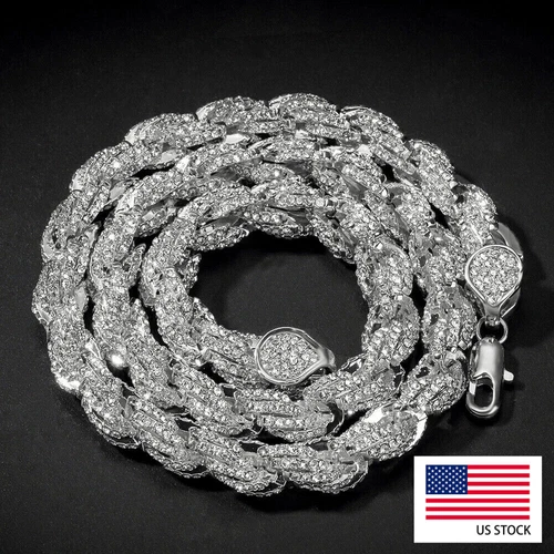 9mm White Gold Plated Iced Out CZ Rope Chain Bracelet Necklace Hip Hop Jewelry - product listing photo