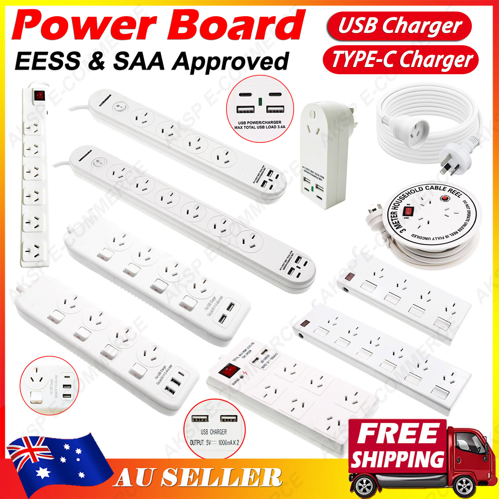 Power Board USB Powerboard Type C Charger Individual Switches Extension Cord