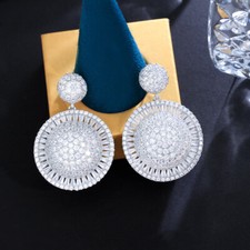 Silver Plated Cubic Zirconia Round Flower Dangle Drop Earrings for Women Wedding