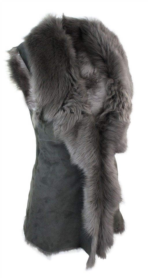 Ladies Real Spanish Toscana Shearling Sheepskin Grey Leather Waistcoat