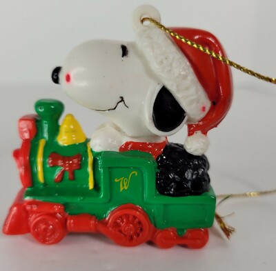Vintage Snoopy On Train Peanuts Christmas Ornament PVC United Features Syn