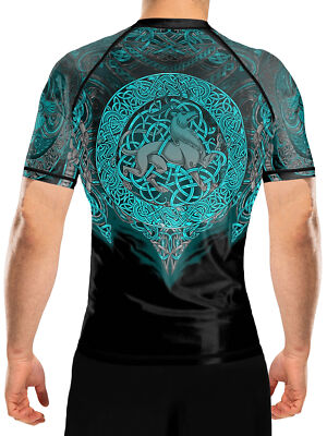 Raven Fightwear Men's Celtic Rash Guard Short Sleeve BJJ MMA Black/Blue 