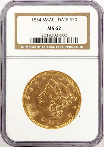 1854 Small Date $20 Gold Liberty Head Double Eagle NGC MS62