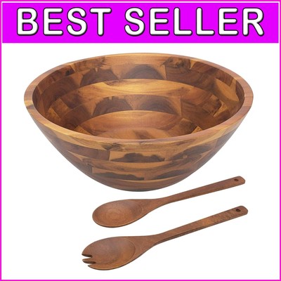 Natural Acacia Wood Large Salad Bowl - 12.5'' with Wooden Serving Spoon & Fork