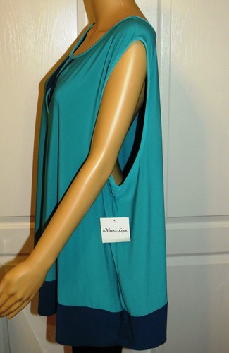 Women's 5X Meera Lane Sleeveless Teal & Navy Trim Stretchy Keyhole Neck Top NWT - Picture 7 of 10