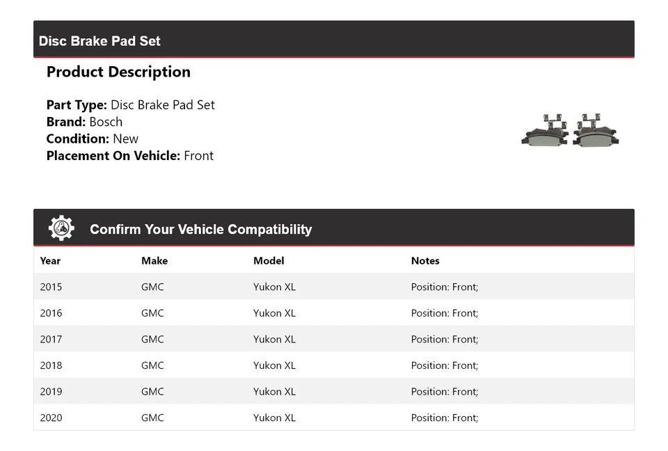 Juego de pastillas de freno de disco delanteras para GMC Yukon XL 2015-2020 Bosch 2016 2017 2018 2019 Foto 2 de 4