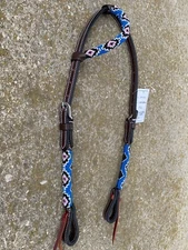 Blue,  pink, black  beaded dark brown leather one ear Western headstall