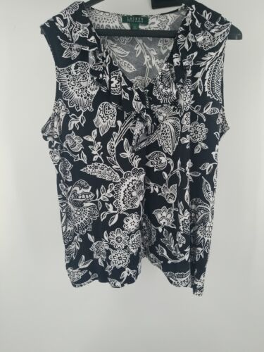 Lauren Ralph Lauren Wm 2X Black White Floral Sleeveless Ruffle V-Neck Top Blouse - Picture 1 of 4
