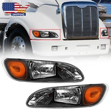 For 2008-2013 Peterbilt 325/384/386 Truck Black Headlights Headlamps Left+Right