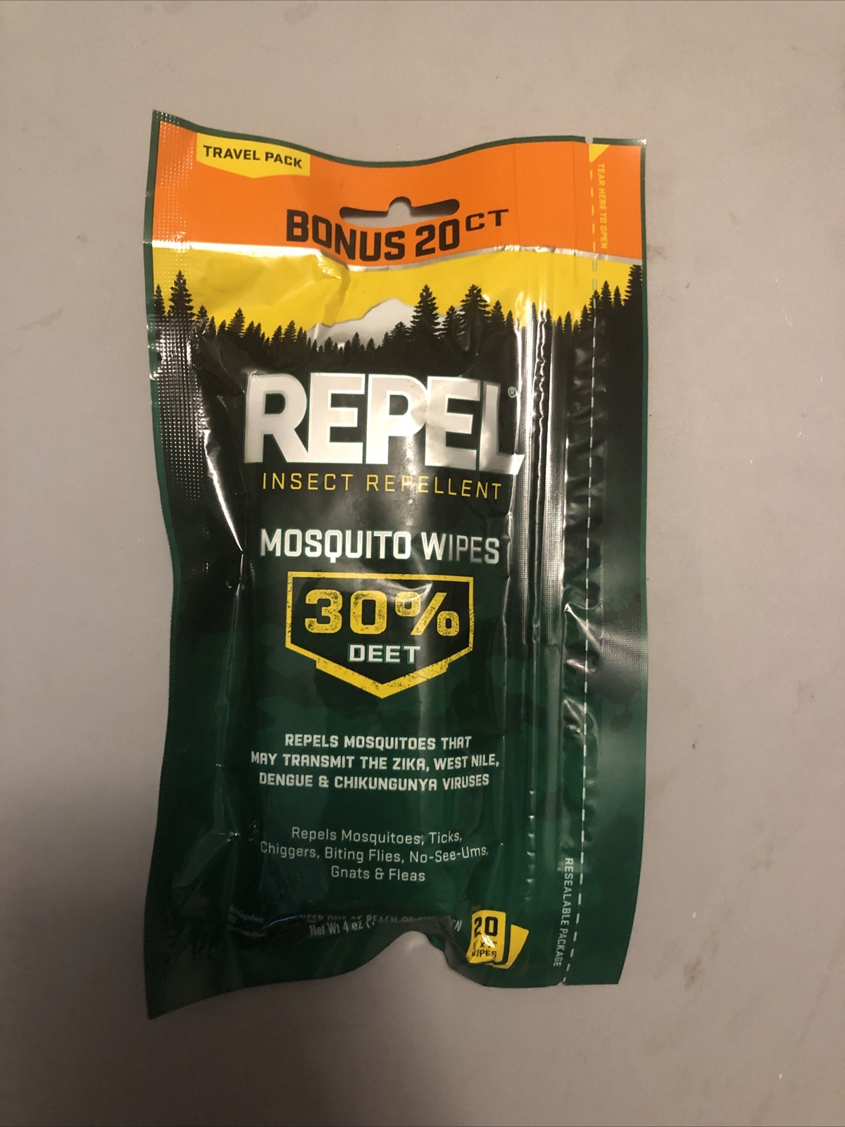 REPEL 20 PACK OF 30 DEET MOSQUITO WIPES RESEALABLE TRAVEL PACKAGE
