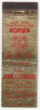 MATCHBOOK COVER - VFW POST 70 - SPRINGFIELD MASSACHUSETTS - MAJOR JOHN LEONARD