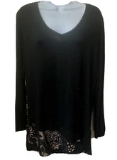 Carmen Marc Valvo Women's L Black Lace Back High Low Tulip Hem Knit Top Blouse