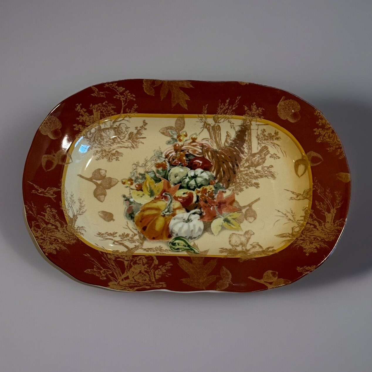 222 Fifth Harvest Fine China Rectangular Serving Plate - Elegant Autumn Cornucopia Design for Seasonal Entertaining