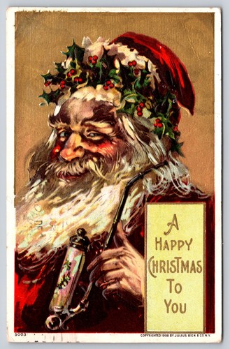 Weihnachtsmann mit Stechpalmenkranz & verzierter Pfeife, Frohe Weihnachten Postkarte