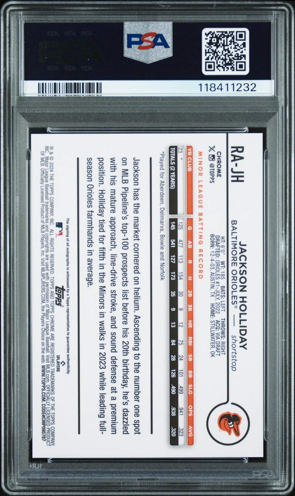 TOPPS CHROME UPDATE CHROME ROOKIE AUTOS JACKSON HOLLIDAY 104/299 PSA 10 AUTO 10 view 2