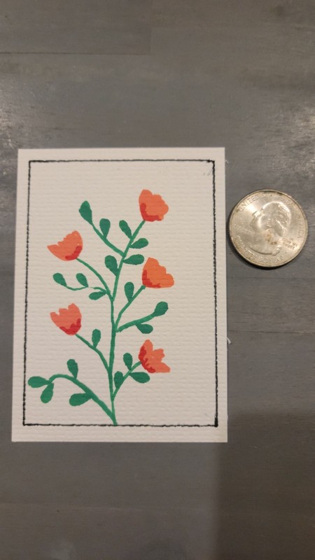 ACEO Original Acrylic Painting Floral Botanical Flower Coral Orange Green