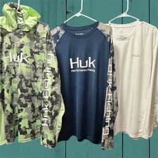 3 Lot Huk Performance Fishing Shirt Mens XXL L/S Camo Green Blue Wicking White