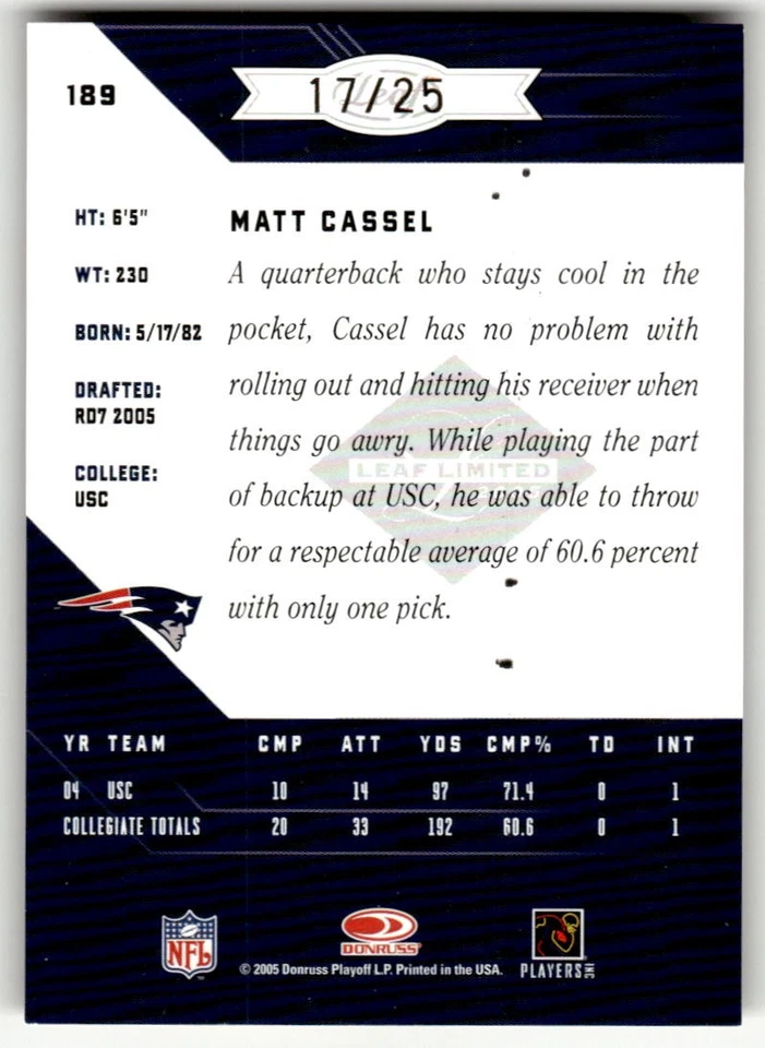 2005 Leaf Limited Matt Cassel Gold Spotlight #/25 Rookie #189 - Image 2 of 2