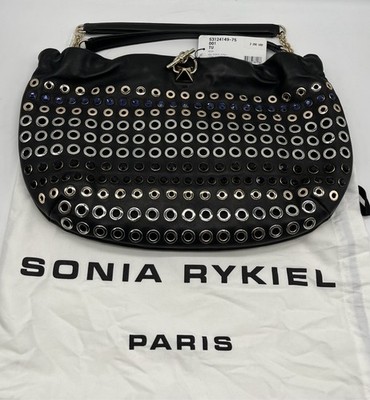 Sonia Rykiel Black Leather Grommet Embellished Chainlink Domino Hobo Bag NEW