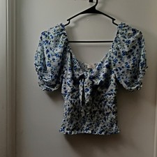 Women's Blue/White Floral Puff Sleeve Cropped Blouse Size S by Blush
