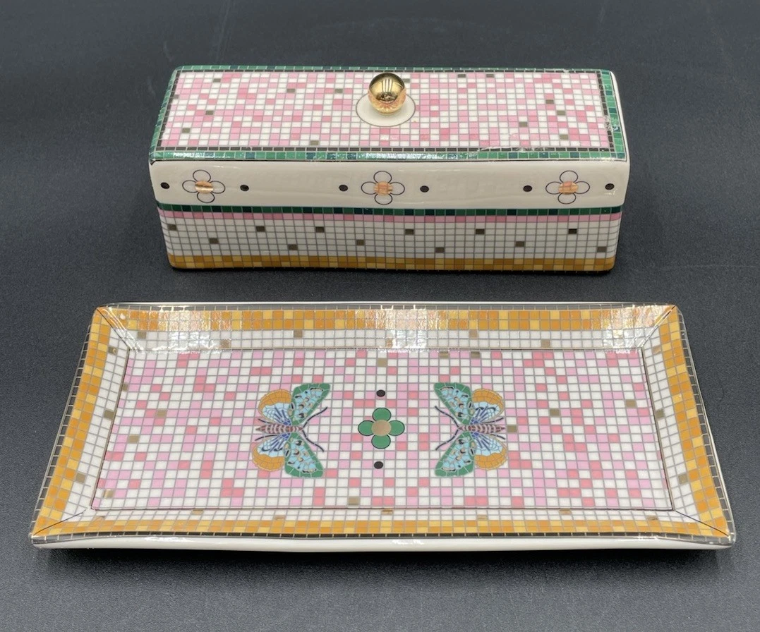 Anthropologie Bistro Garden Tile Butterfly Covered Butter Dish Stoneware New
