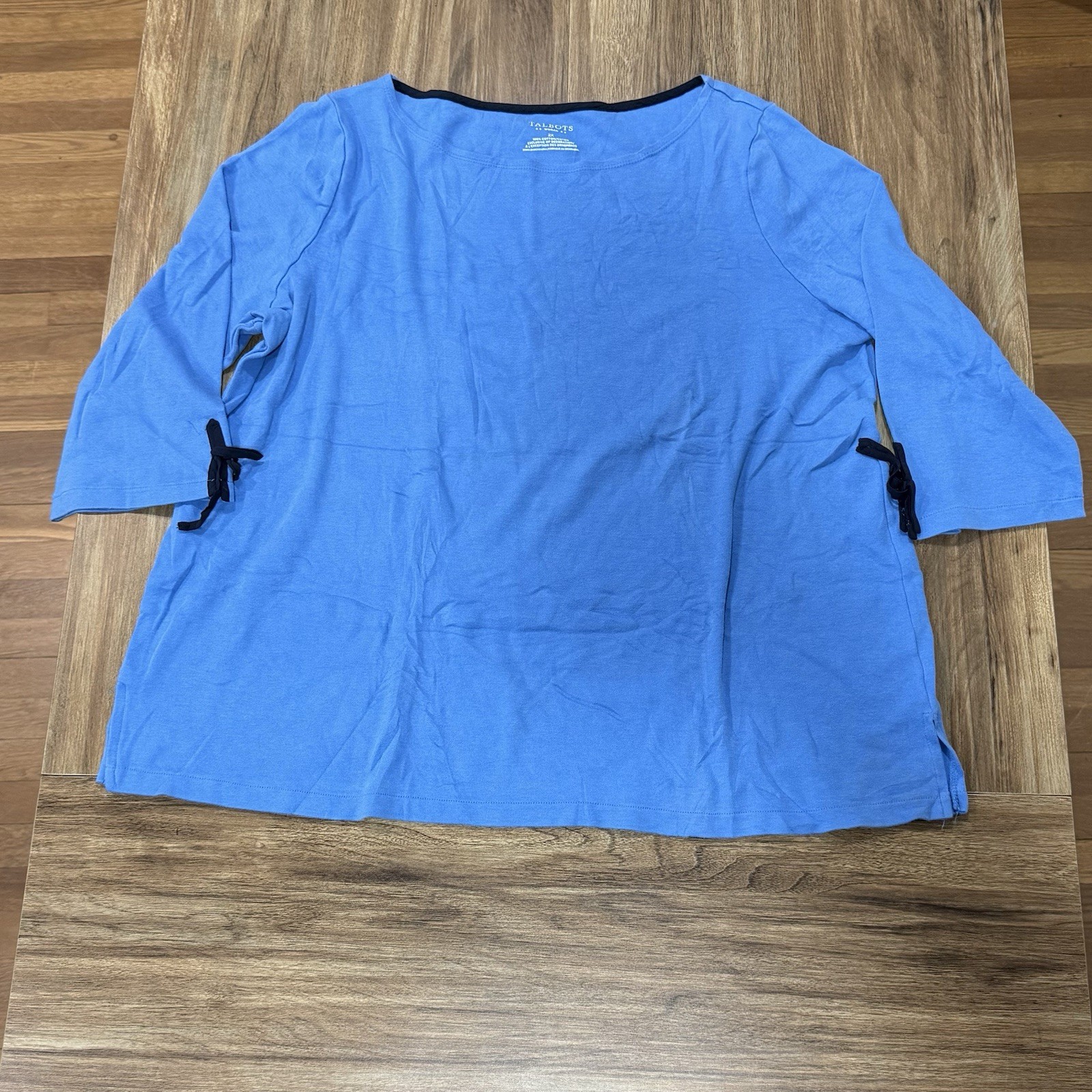 Talbots Tee Top Women Sz 2X Blue Pullover 100% Cotton Black Tie 3/4 Sleeve Plus
