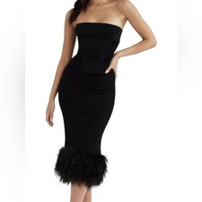 House of CB Black Fionula Strapless Feather Trim Hem Midi Dress NYE Corset