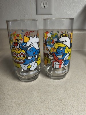 Wallace Berrie 1983 Smurfs Set of 2 10 oz Glasses Smurfette & Baker