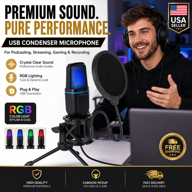 USB RGB Gaming Microphone Condenser Mic for Podcast Streaming PC Laptop
