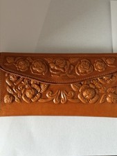 Vtg Miranda Mexican Tooled Bi Fold Leather Wallet Orange Sunflowers Handmad EUC