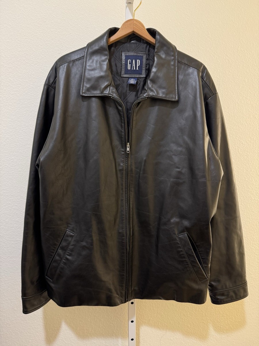 Vintage GAP Black Leather Car Coat Sz XL 90s Y2K Minimalist Jacket