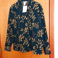 NEW Coldwater Creek Wmns Jacket Size L Black Beige Floral Button Front Tapestry