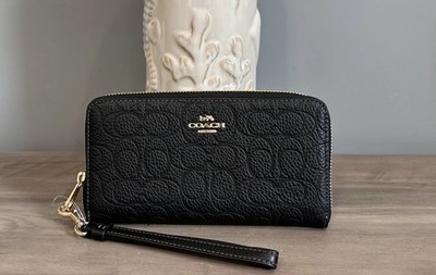 COACH Long Zip Around Wallet In Signature Leather Black Gold CCL35 NWT