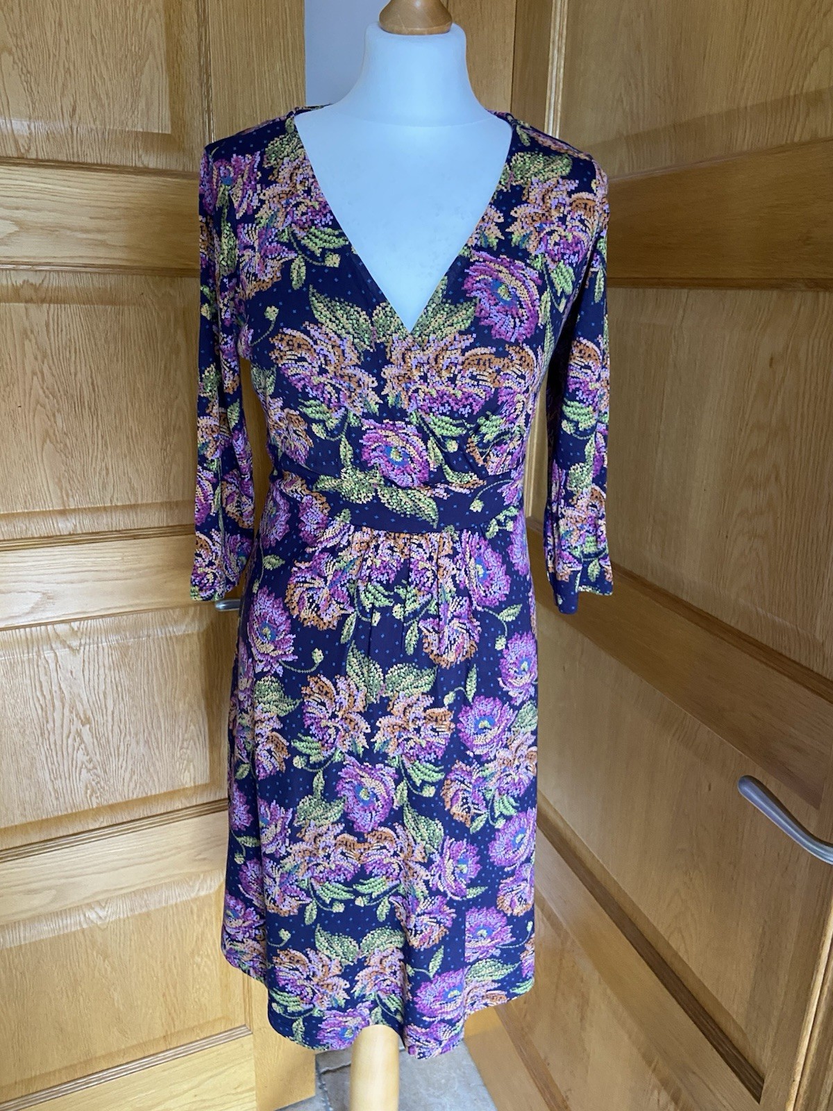 Fat Face Dress Size 12 Navy Pink Wrap Top Sleeve Casual Boho Retro Knee Length