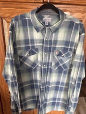 Carhartt Mens XL Blue Green Pearl Snap Up Long Sleeve Plaid Shirt With Pockets