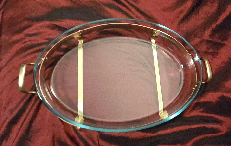 Pyrex Baking Dish Nilsjohan Sweden Oval Glass Copper & Brass Stand Caddy France - Image 3 of 4