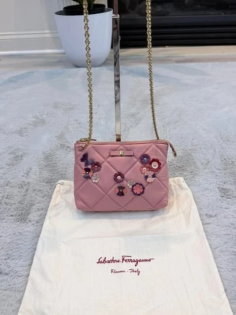 Ferragamo — Auth Salvatore Ferragamo Pink Quilted Flower Crossbody Handbag with Dust Bag