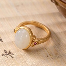 White Jade Ring 18K Gold Plated Hollow Pattern Inlaid Crystal Ring Adjustable