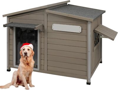 PETSCOSSET Dog House Outdoor Wooden Dog Kennel Indoor with Chew-Proof Iron Frame