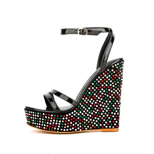 Womens Faux Leather Buckle Strap Sandals Rhinestone High Wedge Heels