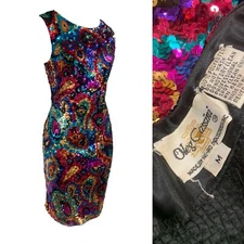 Vtg Vintage 1980s 80s Glam Oleg Cassini Rainbow Sequin Paisley Ultra Mini Dress