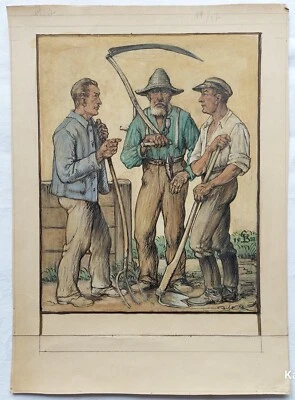 Carl Baum - Drei Bauern mit ihren Werkzeugen - datiert 1952 und signiert CB - Bild 1 von 2