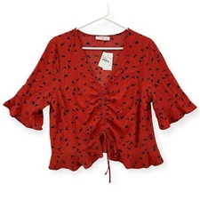 Elodie Cinch Tie Blouse Womens XL Orange Birds Ruffle Hem Crop Bell Sleeve NWT